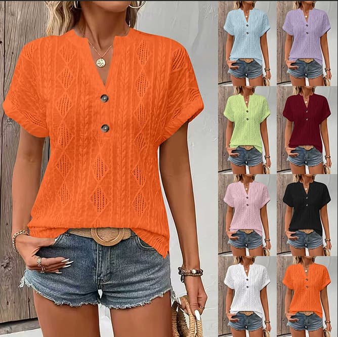 2026 Spring/Summer Europe and America Cross-border Amazon Independent Station New Women's Fashion Casual Solid Color Button V-Neck T-Shirt