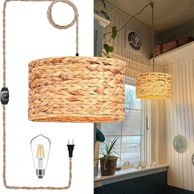 Cross-Border Hot-Selling Natural Water Grass Hand-Woven Pendant Light, Personalized and Creative for Kitchen, Dining Room, Bedroom, Bedside, Plug-In Pendant Light