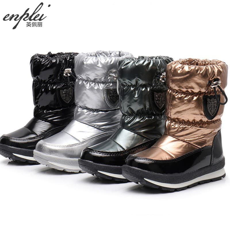 T015 Parent-Child Snow Boots Unisex Winter Mid-Calf Fleece-Lined Thickened Warm Large Size Cotton Shoes, Winter Boots Waterproof