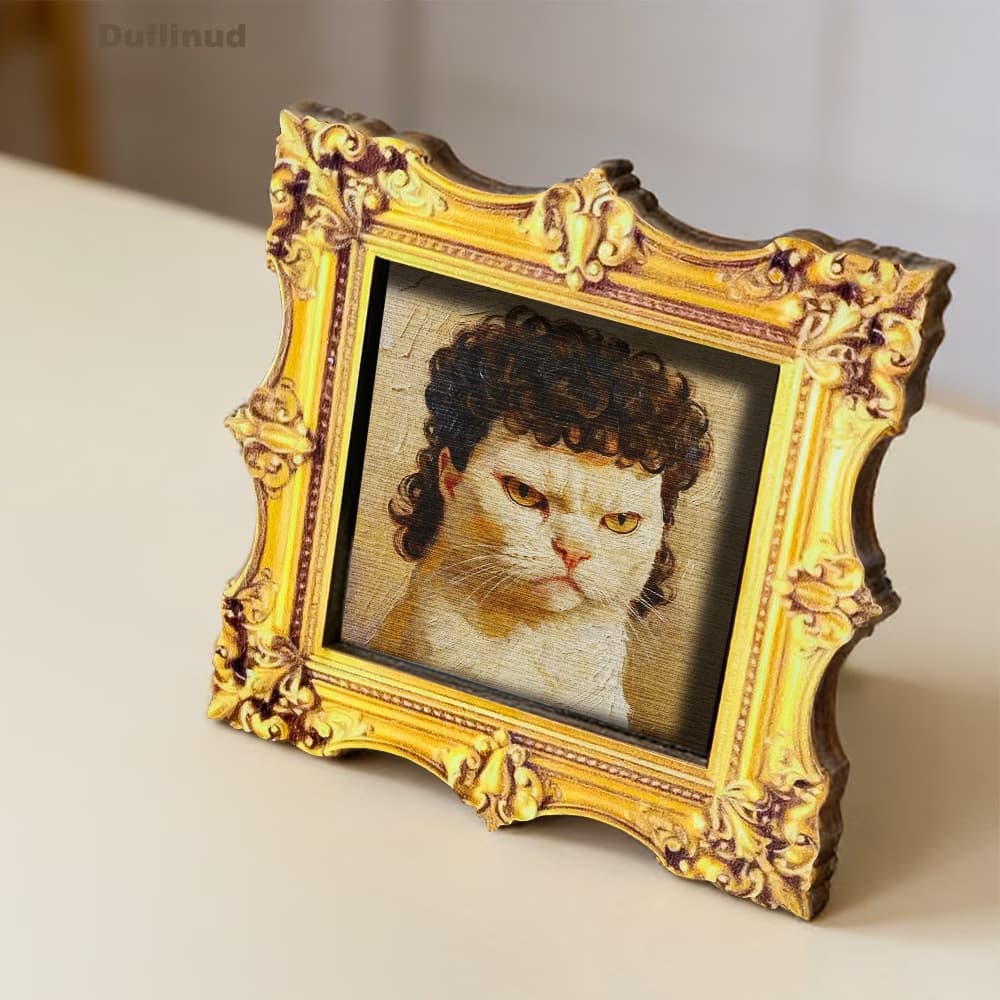 European Vintage Gold Rim Photo Frame Fridge Magnet Funny Oil Painting Afro Cat Decorative Hanging Ornament