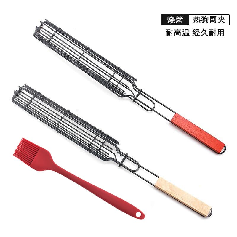 Cross-border BBQ Grill Net Wooden Handle Sausage Tongs Corn Grill Clamp Hot Dog Ham Grilling Basket Outdoor BBQ Grill Rack
