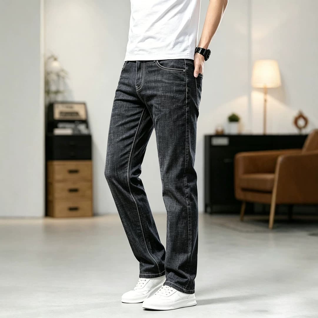 Seasonal Versatile Men's Jeans New Washed Slim Straight Leg Stretch Business Casual Pants