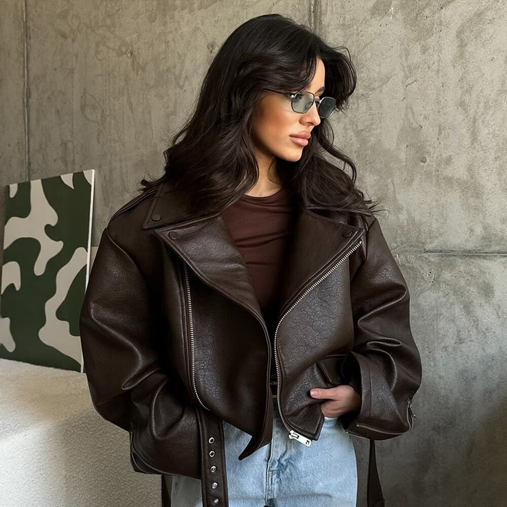 2026 Autumn/Winter New European and American Retro Brown Lapel Leather Jacket for Women Loose Short Street Motorcycle Coat