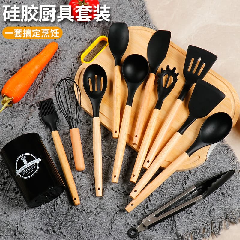 12-Piece Silicone Kitchen Utensil Set with Wood Handle, Non-Stick Cookware Storage Tube, Home Cooking Tools Set from Mainland China