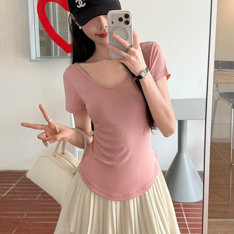 Temperament and style Tencel wool blend soft waxy short-sleeved T-shirt for women in summer, right shoulder V-neck slim fit and versatile top