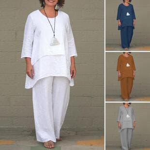 2026 European and American New Women's Cotton-Linen Style Casual Plus Size Irregular Long Sleeve Set with Wide Leg Pants Two-Piece Set