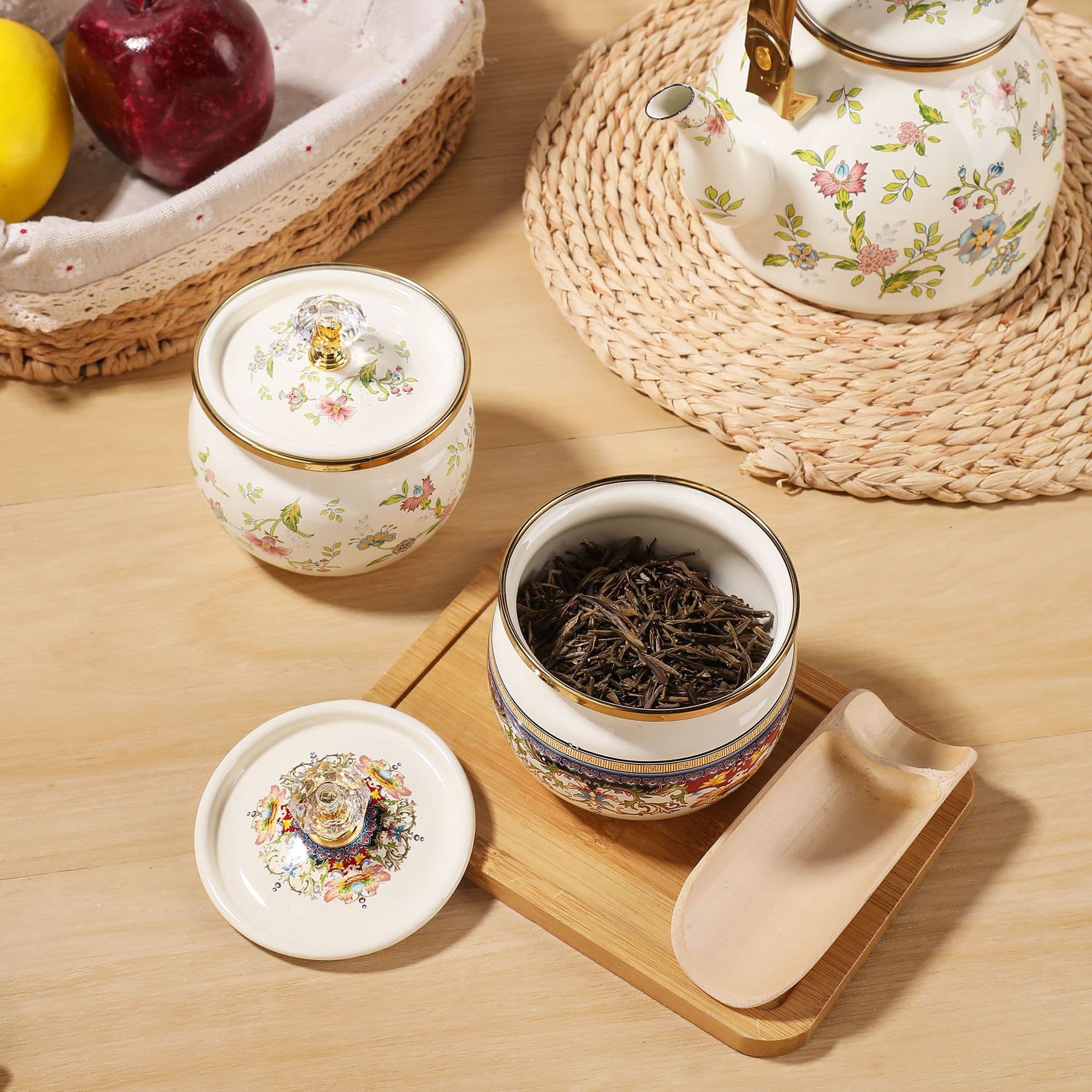 Enamel Tea Canister Enamel Sugar Jar Seasoning Container Coffee Bean Jar Premium Enamel Small Round Can
