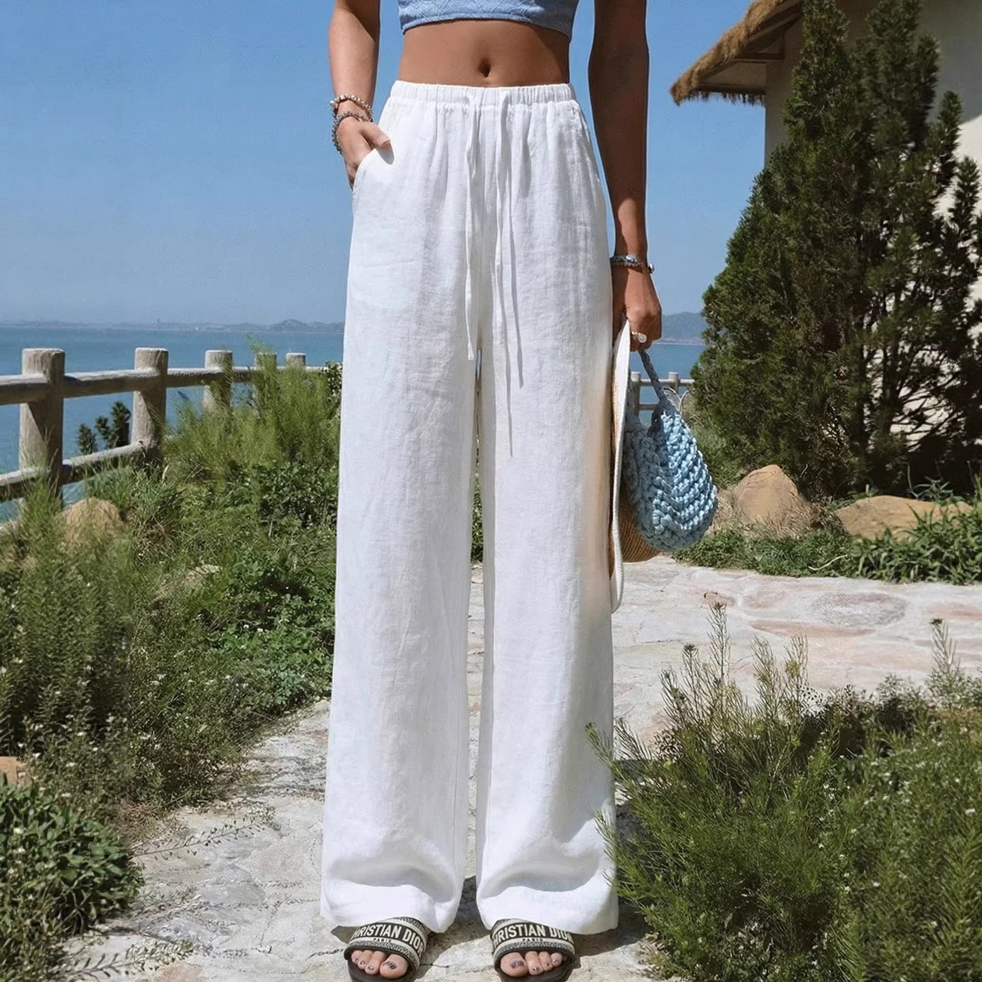 In-Stock European and American Foreign Trade Amazon Cross-Border Women's Clothing White Linen Wide-Leg Pants for Women Summer High-Waisted Casual Straight-Leg Pants