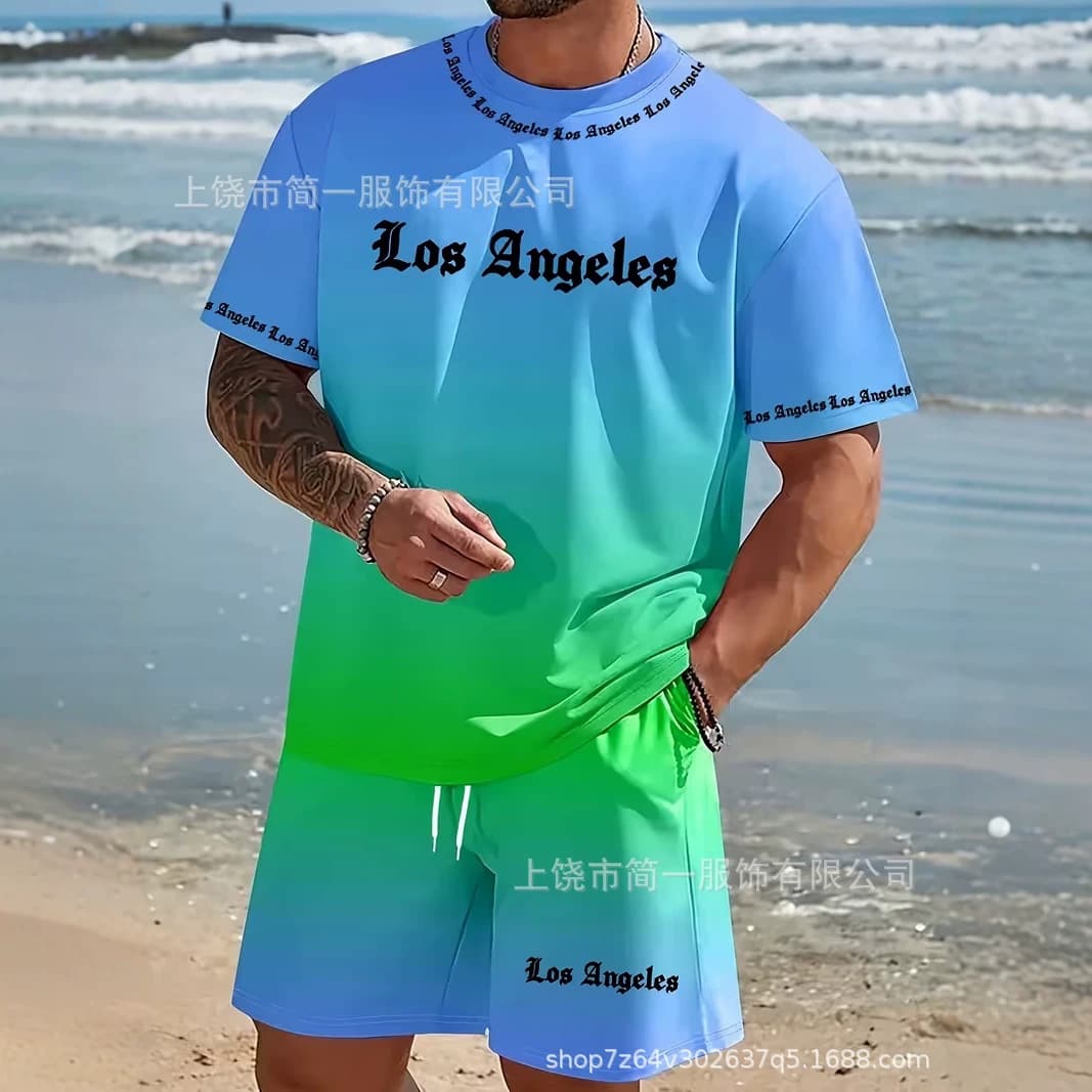 Cross-border Europe and America Summer Set Men's Fashion Comfortable Casual Sportswear Digital Print Short Sleeve Shorts Set