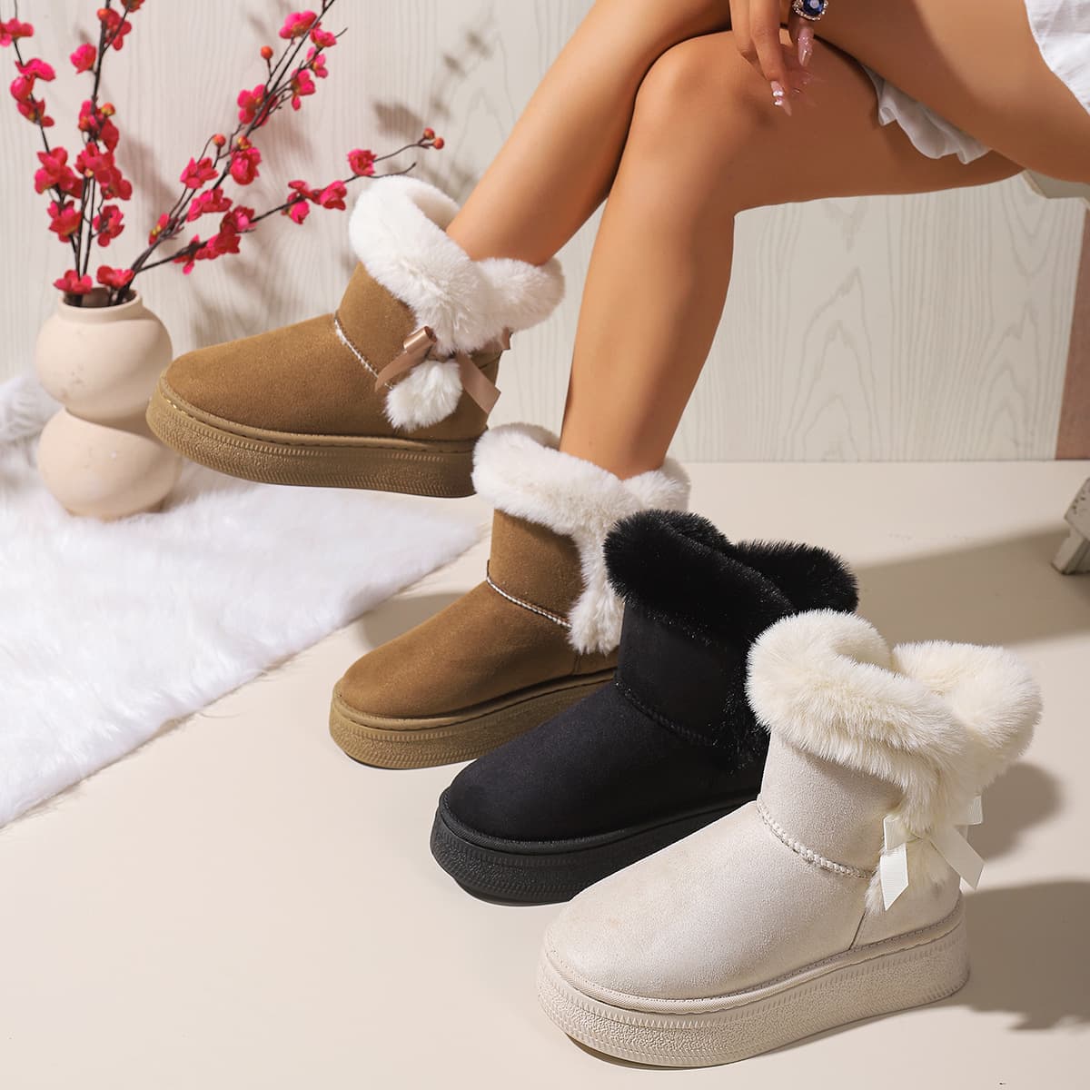Women's Plus Size Snow Boots 2025 Winter New Casual Bow-Knot Fluffy Collar Warm Outdoor Thick-Soled Cotton Boots