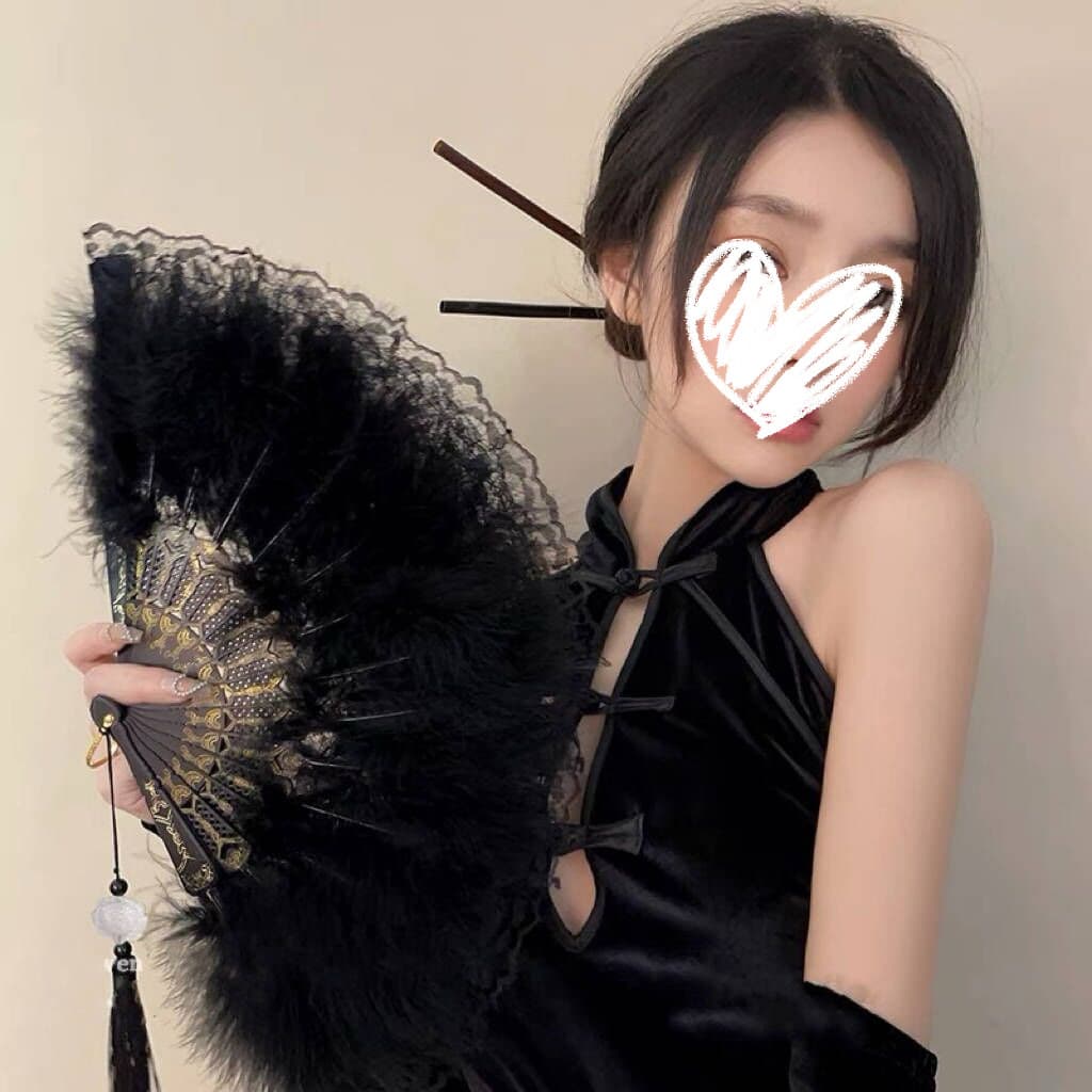 Elegant Black Lace Feather Fan Traditional Chinese Hanfu New Year Fashion Show Walk Flag Robe Dance Vintage Style Mid-Length Handle PVC