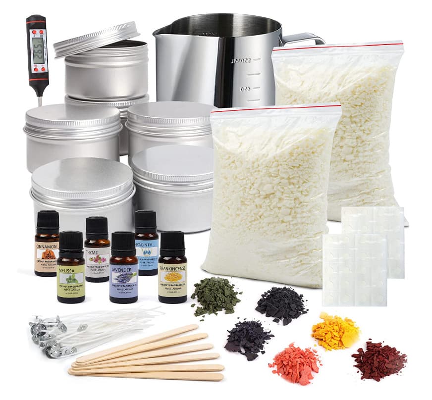 Candle making craft DIY with candle jar, soy wax, candle wick, dye, sesame oil, capacity pot