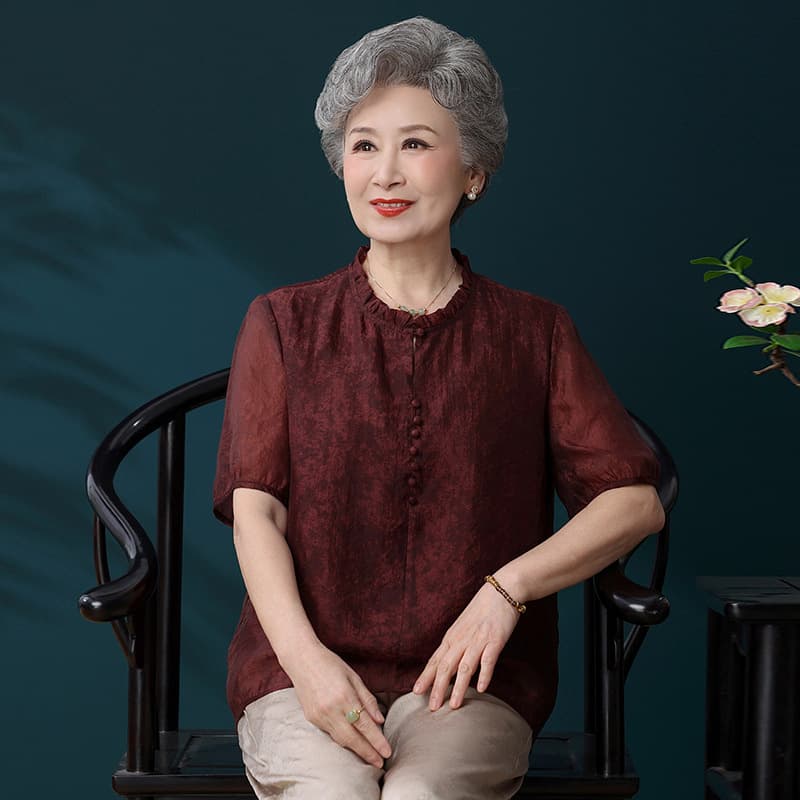 Old Lady Summer Mid-Sleeve Ice Silk Top Mom Chic Short Sleeve T-Shirt Grandma Blouse Middle-Aged Women Blouse