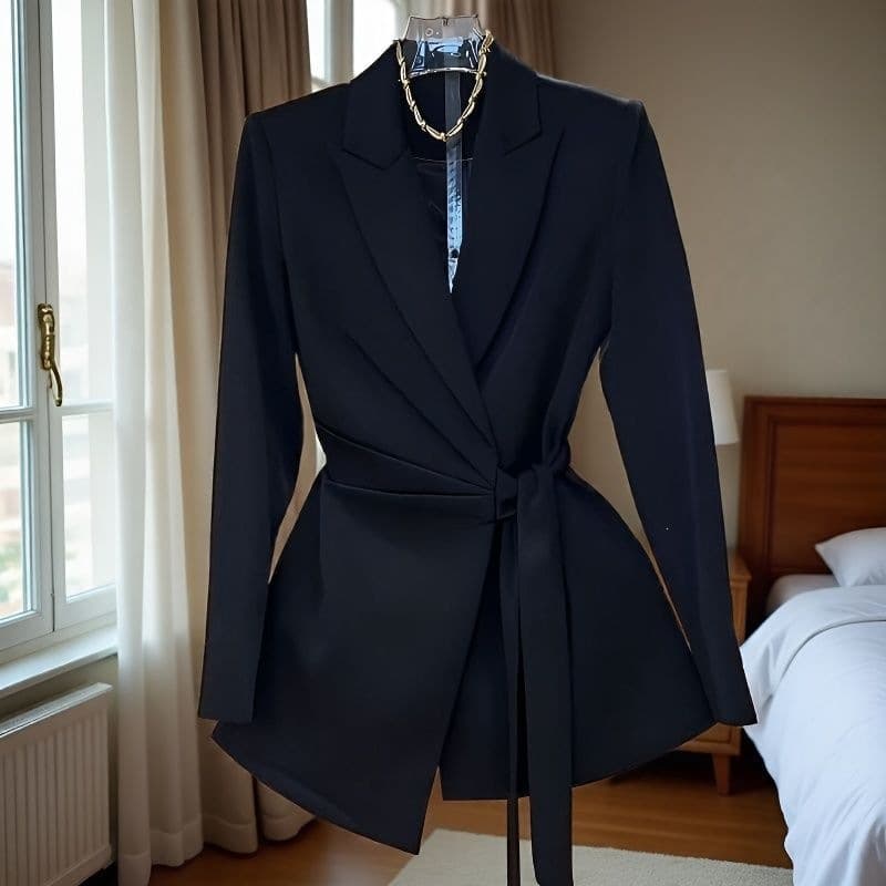 Slim-fit tailored blazer with waist tie for women, spring and autumn style, chic and casual professional jacket