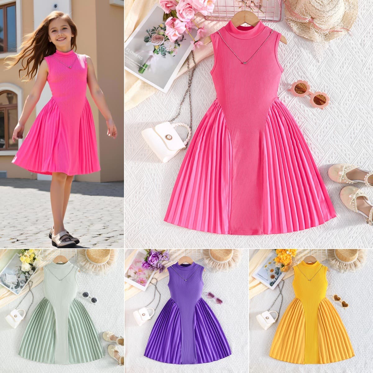 Cross-border girls' summer foreign trade European and American style elegant pleated patchwork sleeveless dress with a waist-cinching design + necklace