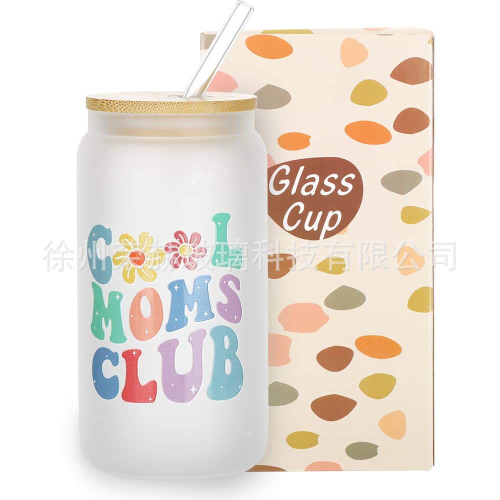 Custom Cross-Border Water Cup Amazon Hot Selling Cola Cup Borosilicate Glass with Wooden Lid Glass Straw Cup Set