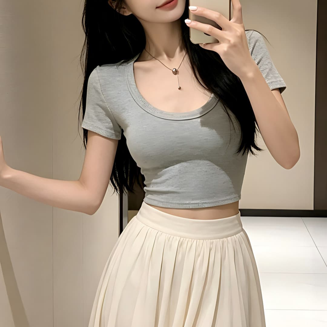 Women's Short Crop Top T-Shirt Summer New Tight Sexy Layering Top Pure Desire Hot Girl U-Neck Fashion Top