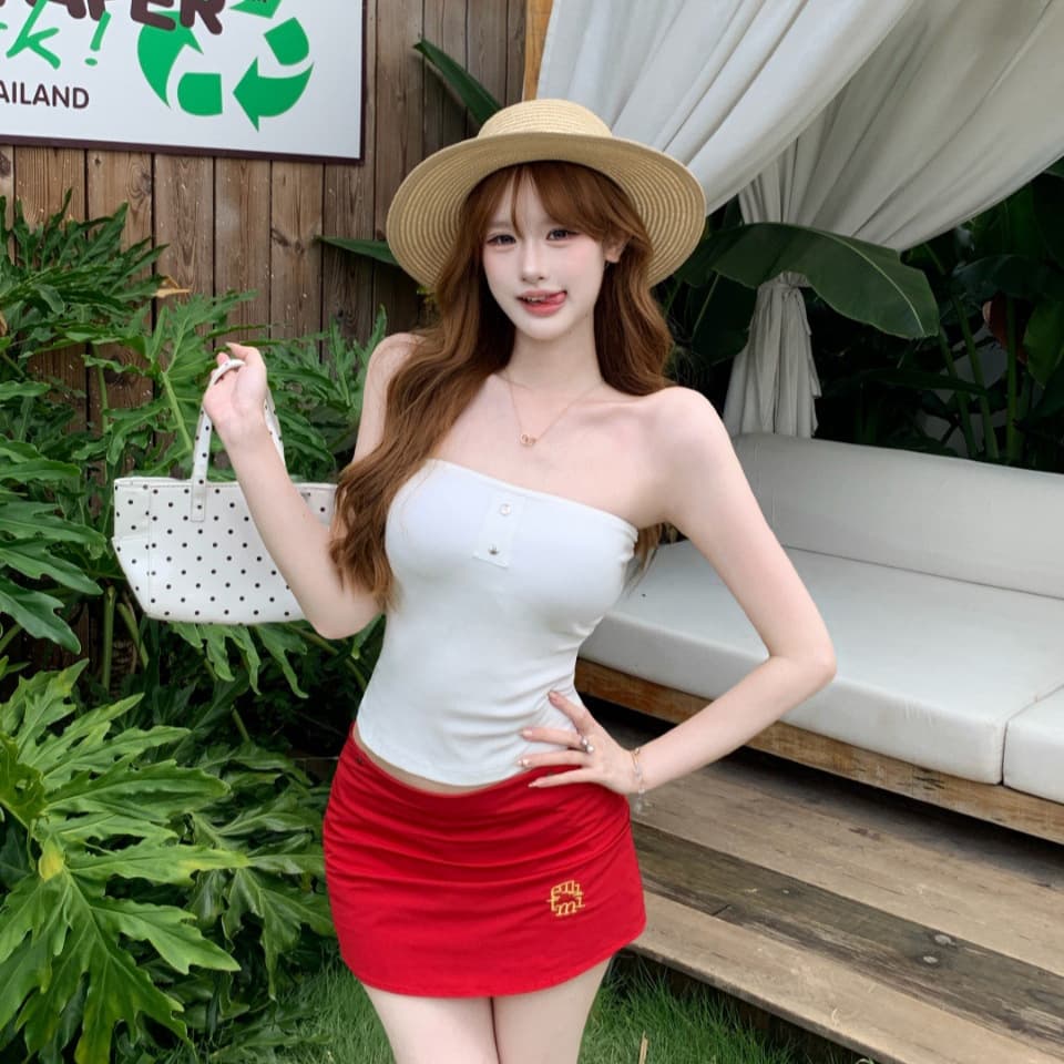 153# New Summer Hot Girl Style Button Design Tube Top Tank Top Slim Fit with Built-in Pads