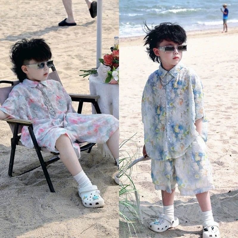 Children's Set Boys Handsome Short Sleeve Shirt Two-Piece, New Trendy Cool Baby Summer Thin Clothes