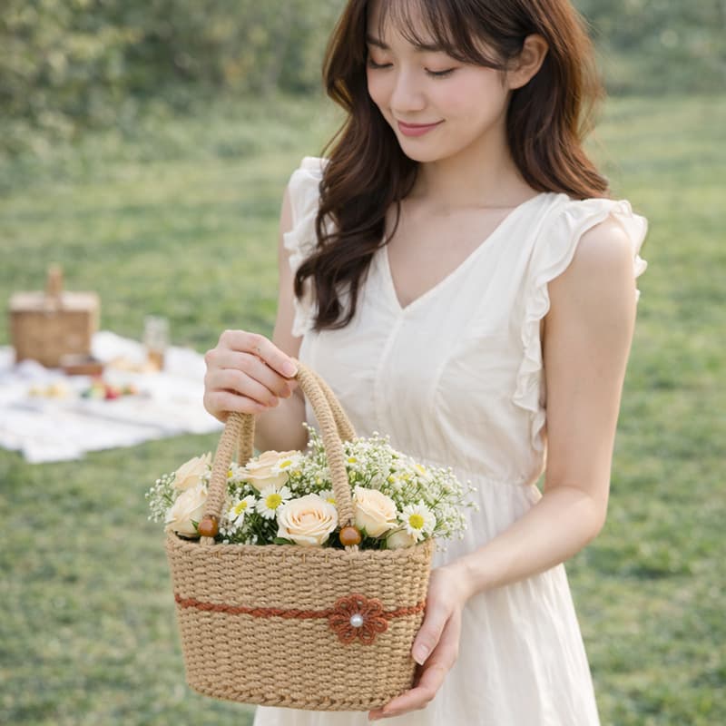 Rattan storage basket picnic hand basket handmade hemp rope storage basket woven bag straw bag flower arrangement basket woven basket