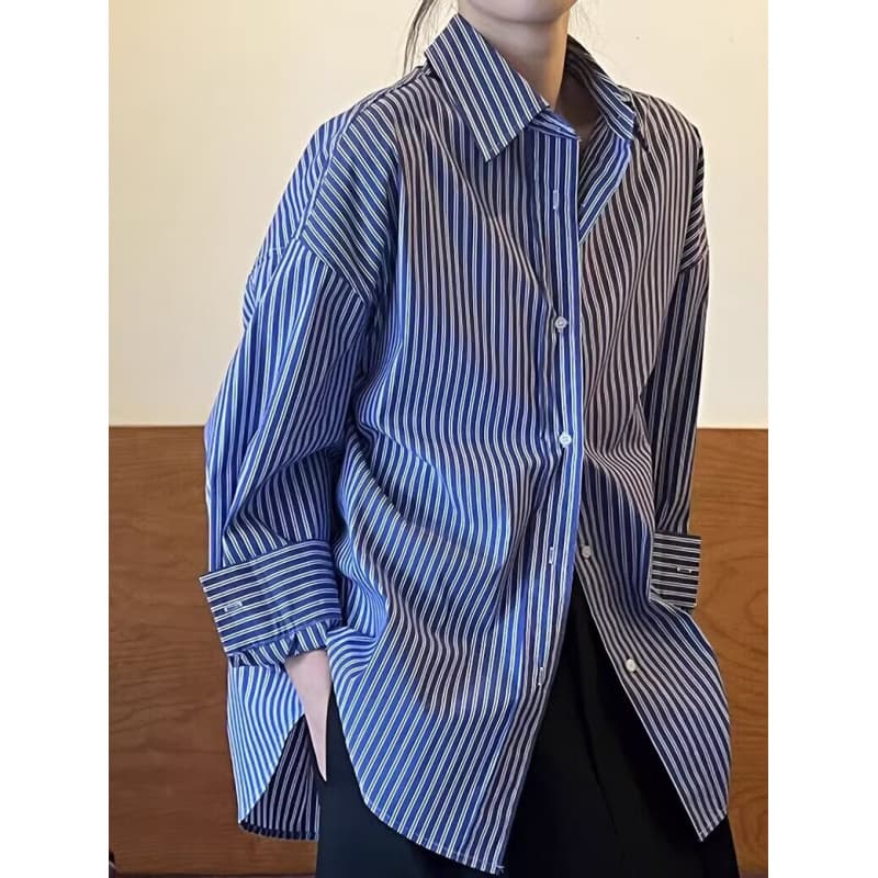 Lazy Blue Striped Shirt for Women Spring Autumn Designer French Style Vintage Hong Kong Flavor Loose Long Sleeve