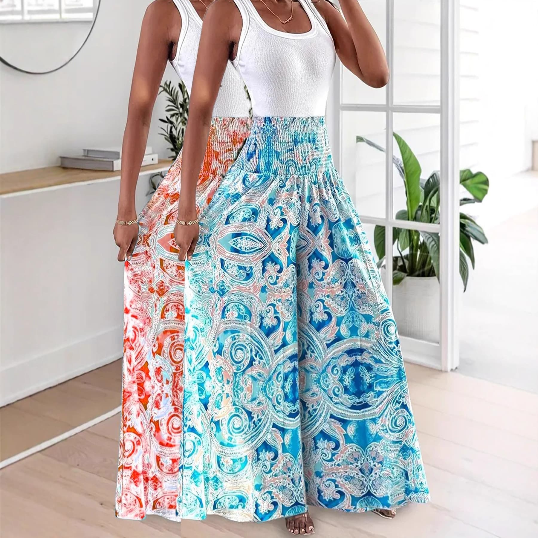 2025 Cross-border Hot-selling Paisley High-waist Elastic Fitted A-line Flared Trousers Four Seasons Style