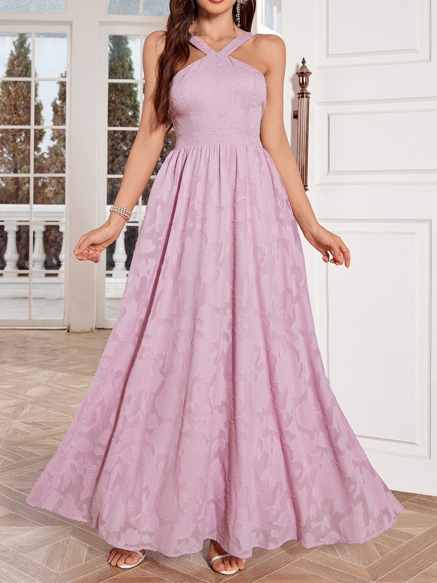 Cross-Border New Pink-Purple Halter Cross Neck Jacquard A-Line Long Dress Wedding Bridesmaid Dress Sister Group Evening Gown Women