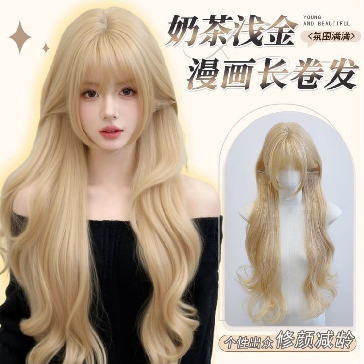 Platinum Blonde Long Curly Wig Natural Light Blonde Ambience Long Curly Hair Comic Bangs Full Head Wig