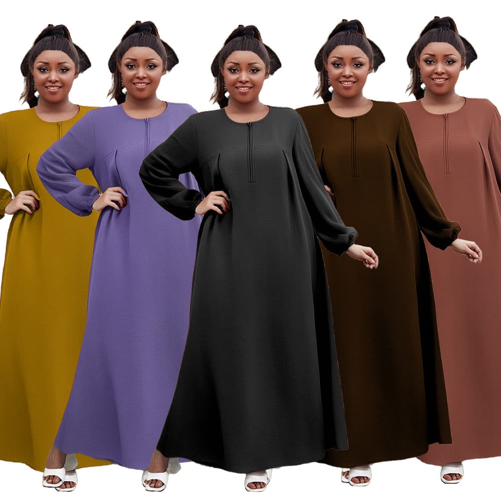 D10232 Cross-border European and American large-size round neck long-sleeved fashionable casual loose elegant large swing dress long skirt for women