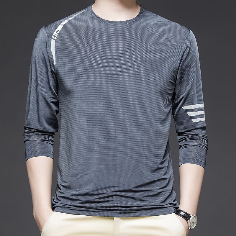 Men's Long Sleeve T-Shirt New Style 2024 Spring Summer Ice Sensation Sports Business Elastic Ice Silk T-Shirt