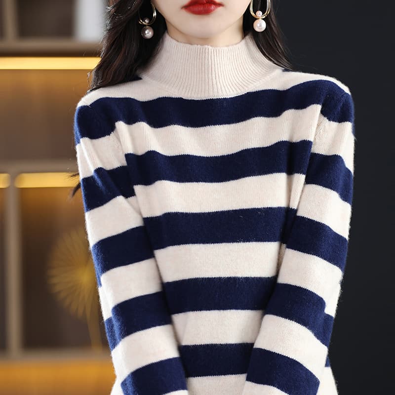 2023 Autumn/Winter New 100% Wool 7-Gauge Color Stripe Half Turtleneck Women's Contrast Stripe Casual Inner Top