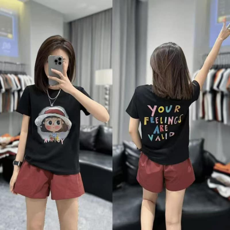 Fashionable Summer Women's Set 2025 New Style: Pure Cotton Cartoon Print Short-Sleeve T-Shirt with Shorts Two-Piece Set