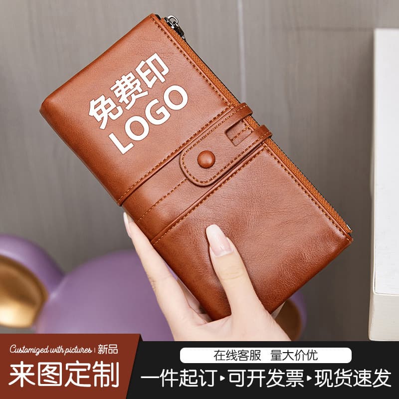 New Wallet Anti-Theft Wallet Retro Oil Waxed Leather Clutch Multifunctional Women's Long Wallet Free Printed Logo