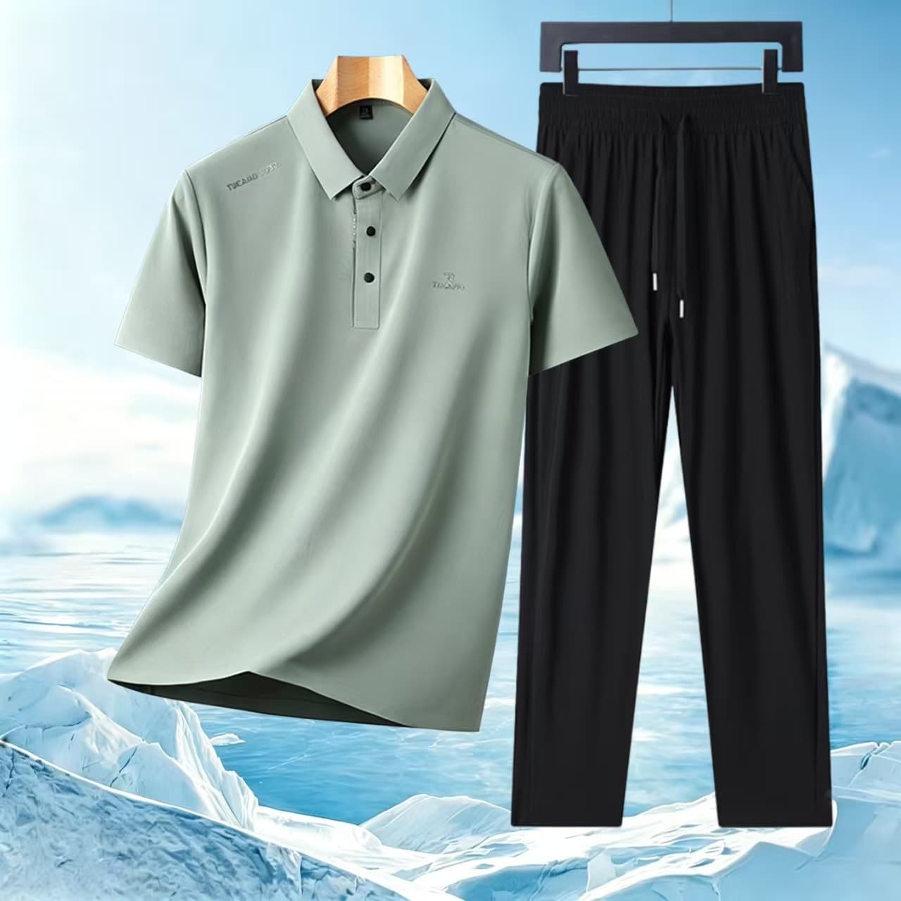 Ice Silk Men's Short Sleeve T-Shirt and Pants Set, Polo Shirt for Men, 2-Piece Father's Summer Outfit