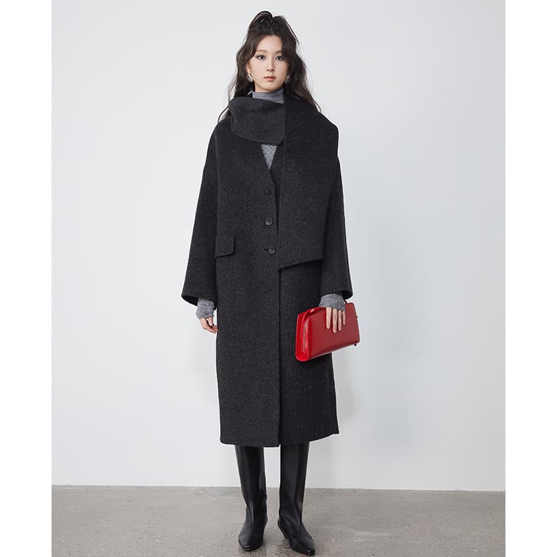 YILi Yi Li Yak Mulberry Silk Double-Faced Wool Coat Women 2024 Autumn Winter Scarf Collar Long Woolen Outerwear