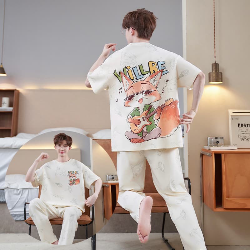 Pajamas for men, summer pure cotton short-sleeved trousers, thin plus size, men's, teenagers, junior high school students and older children's suits