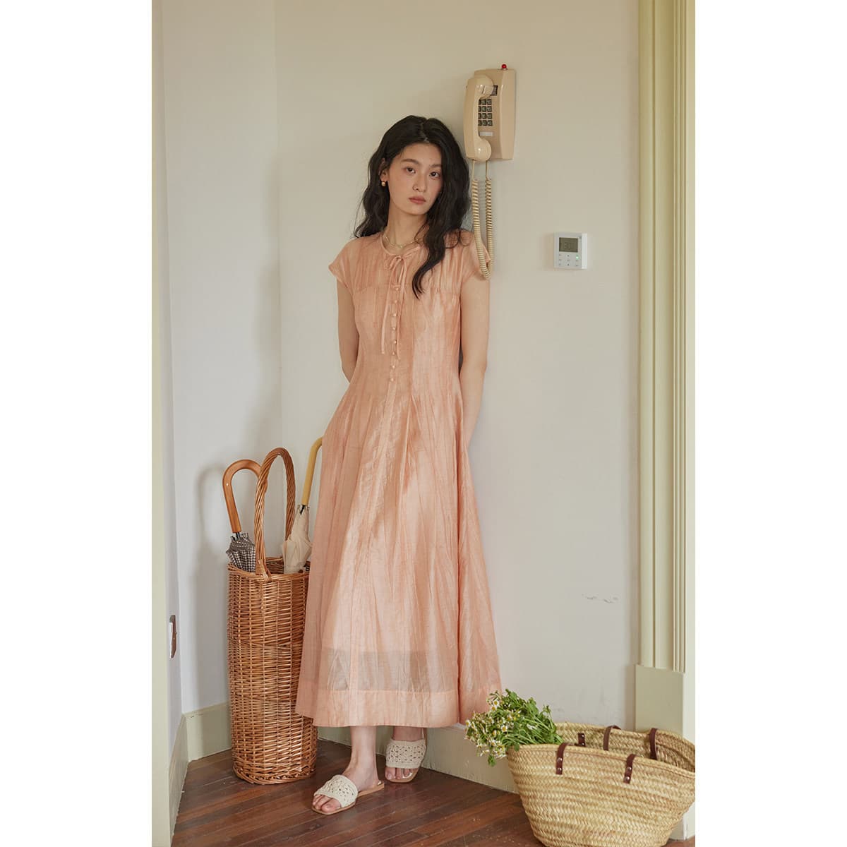 Solighter French Pink Lyocell V-Neck Tie Dress Summer 2026 New Slimming Waist Long Dress