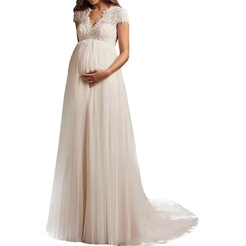 Plus Size High Waist Lace Forest Wedding Dress with Small Train for Pregnant Women, White, Amazon Cross-border Wedding Gown
