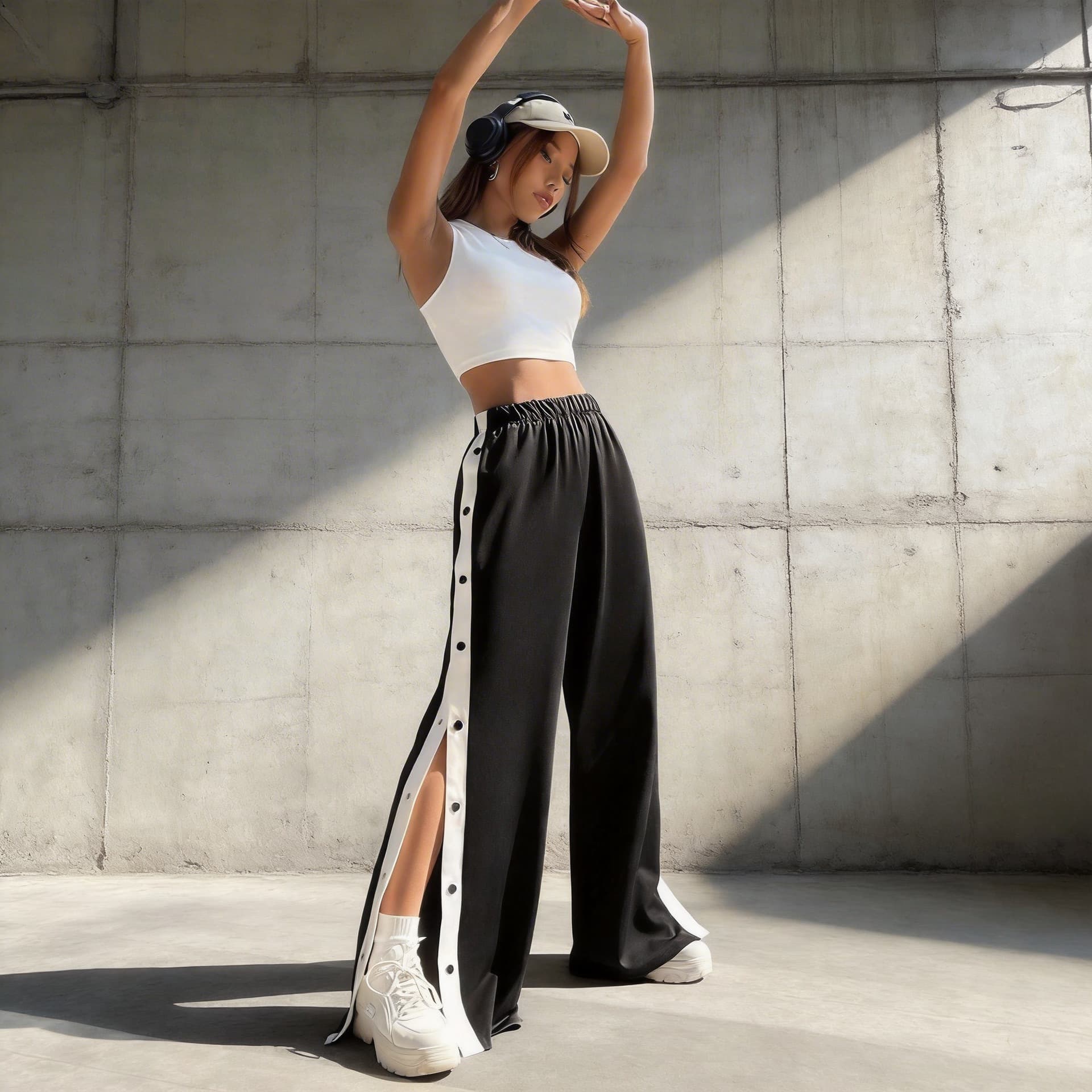 Cross-Border European and American Autumn Winter Casual Sports Pants Trendy Jogger Loose Long Pants New Color-Blocking Buttoned Wide-Leg Pants Women's Fashion