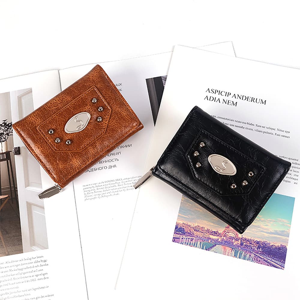 Vintage Wallet~Crinkle Texture Women's Wallet Simple Tri-Fold Zipper Leather Money Clip Purse Minimalist