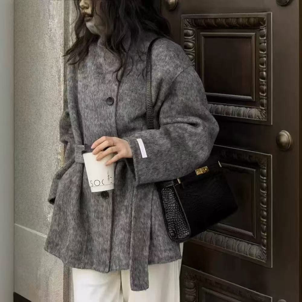 Long-term Stock" 2025 Autumn Winter Stand Collar High-End Loose Lazy Thickened Mid-Length Double-Faced Wool Coat