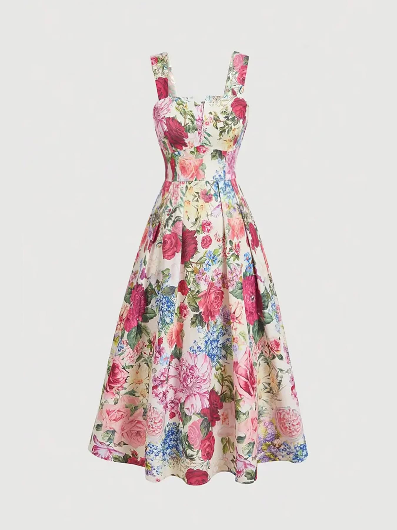 2026 Summer European and American Camisole Dress Amazon Blue and White Floral Print Shirred Long Dress