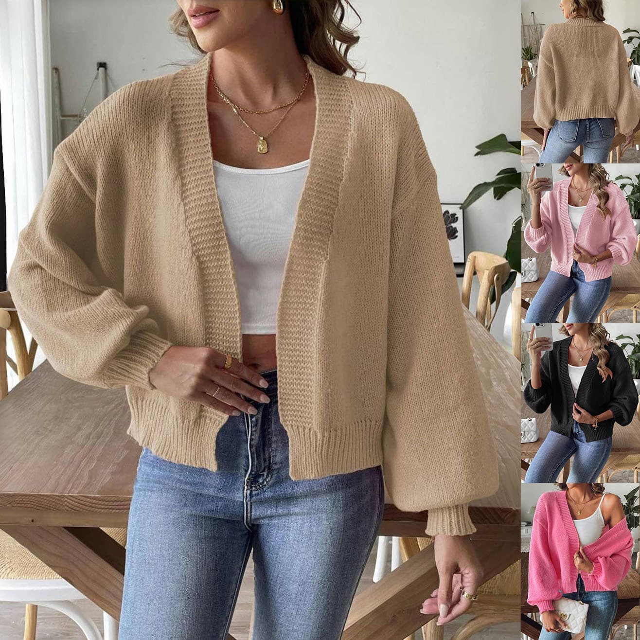 2026 Women's Cardigan Cross-Border European and American Style Autumn Winter Lantern Sleeve Simple Casual Short Sweater Coat