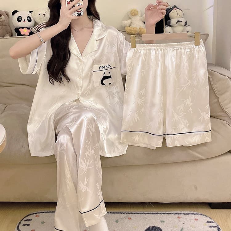 Chinese Style Panda Ice Silk Women's Pajama Set 3-Piece Spring/Autumn Short Sleeve with Built-in Bra Summer Thin