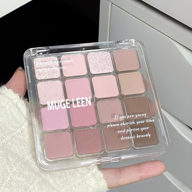 MUGELEEN Checkered 16-Color Eyeshadow Palette Korean Pink-Brown Melon Matte Shimmer Glitter Blush Blue Eyeshadow Palette