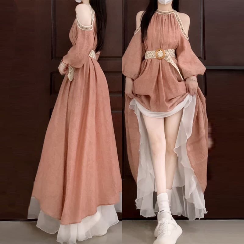Bohemian Vintage Off-Shoulder Halterneck Dress Beautiful Fitting A-Line Long Dress for Women Summer
