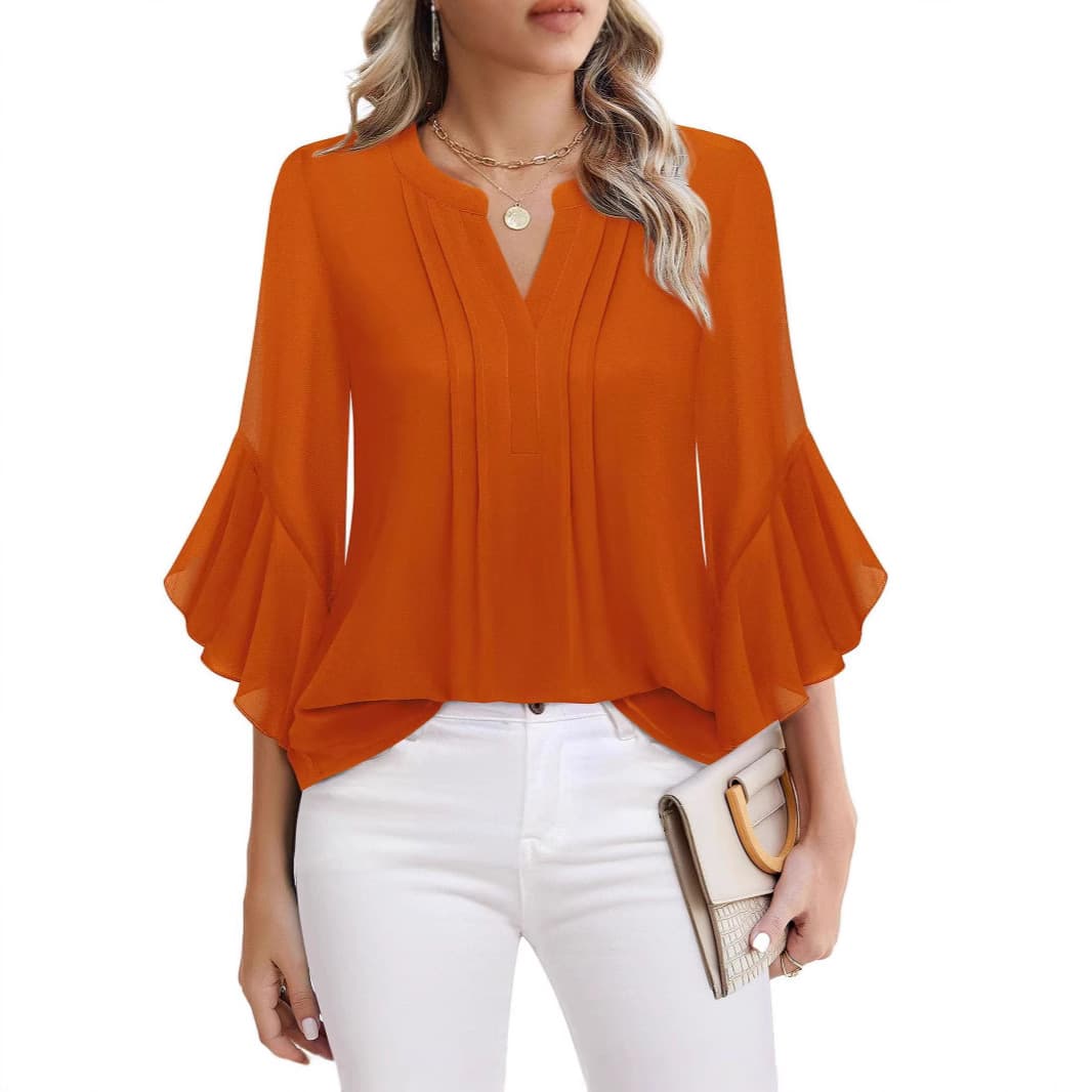 Amazon European and American lotus leaf three-quarter sleeve orange floral fashion casual loose V-neck business shirt chiffon women's clothing