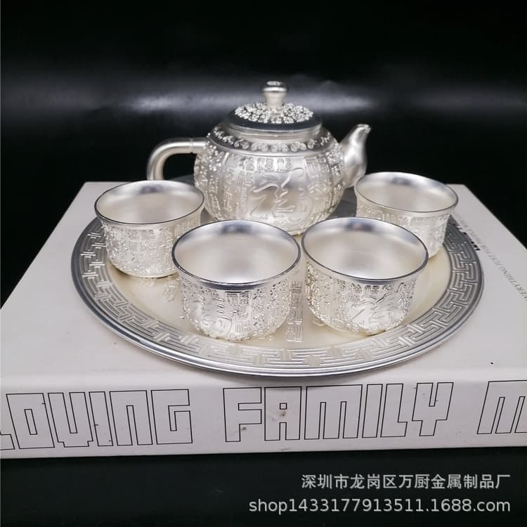 Classical tea set, home living room, tea room, metal dragon and phoenix tea set, silver blessing pattern metal tea set and wine set