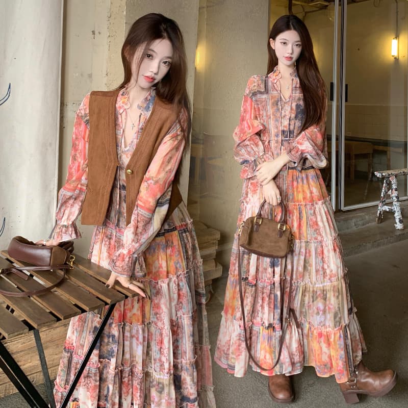 Actual shot~Retro distressed printed dress heavyweight 8 meters oversized skirt cake skirt temperament large size long skirt 2025