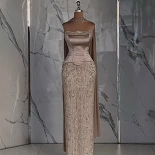European and American Champagne Strapless Beaded Fishtail Evening Dress Satin Boned Waist Cape Style Banquet Party Dress